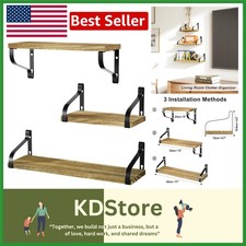 Set of 3 Rustic Wall-Mounted Floating Shelves - Carbonized Black Wood Decor