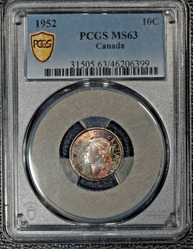 1952 Canada Ten Cents, MS63 PCGS, Beautiful Toning