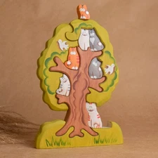 Handmade Wooden Toys for Children Animals Figurines Cats on the Tree Puzzle Kids