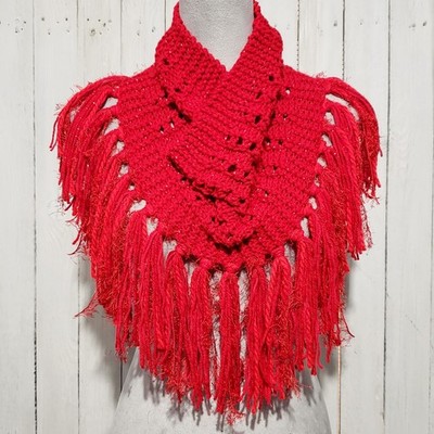 NEW Hand Knitted Red Metallic Boho Cowl Scarf Fringe Shimmer Festive Glam Party