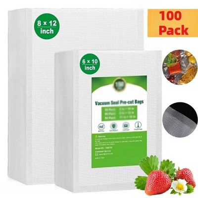 100 Packs Vacuum Sealer Bags 6''x10'' 8''x12'' Embossed Food Saver Storage Package