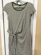 Talbots Womens 1X Green/White Striped Knit Tie Waist Sheath Dress Cap Sleeve