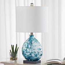 24" Coastal Glass Table Lamp, 3-Way Dimmable Blue Glass Bedside Lamp with Whi...