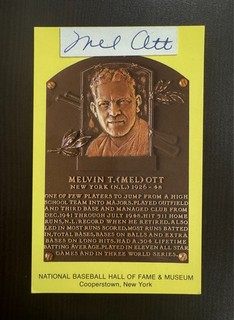 Mel Ott Signed HOF Plaque Postcard Yellow JSA Authentic Full Letter SCARCE