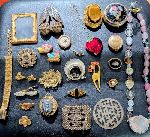 Antique Vintage Victorian Jewelry Lot Daguerreotype GF? Watch Chain Bakelite