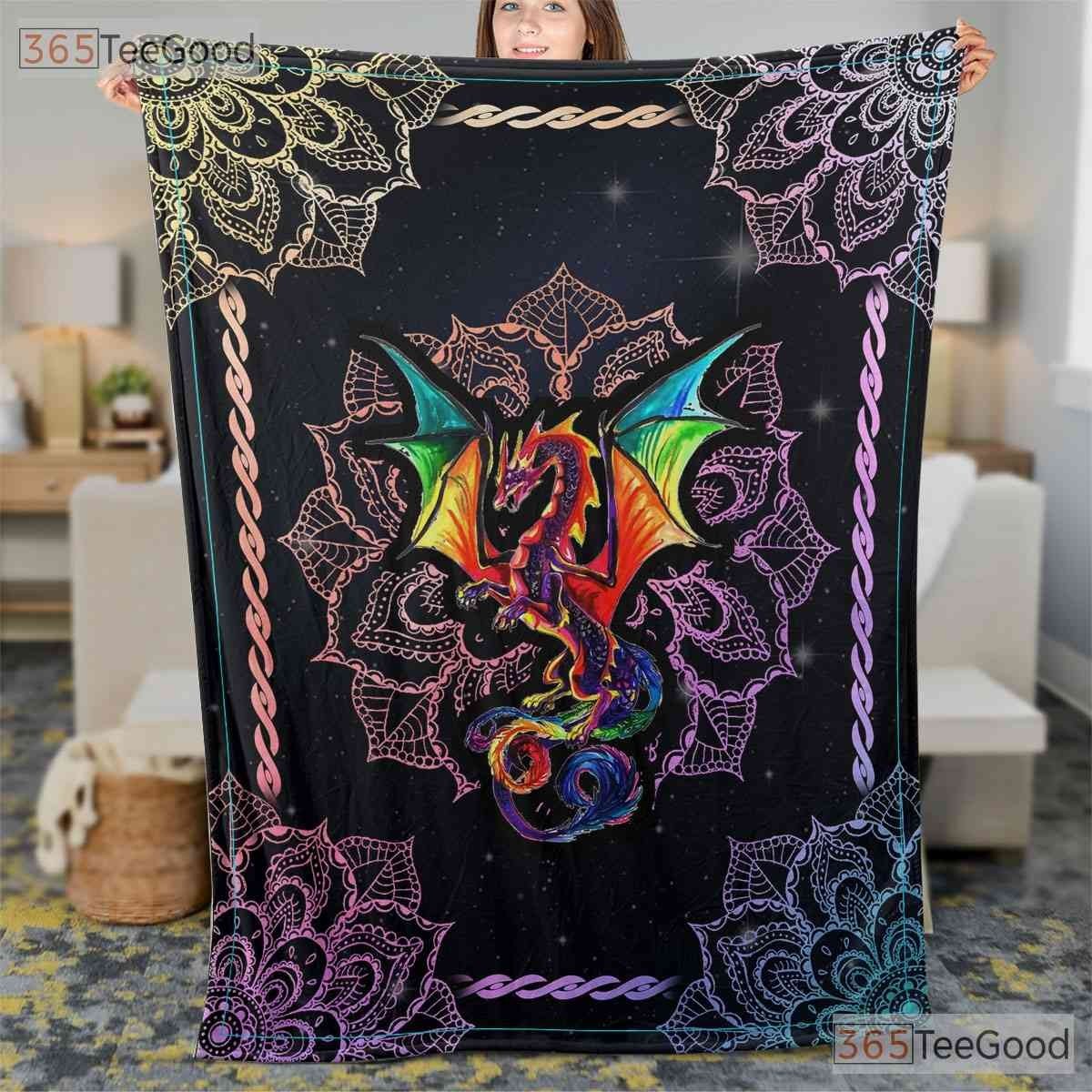 Colorful Dragon Fleece Blanket, Fantasy Lover Gift Cozy Myth