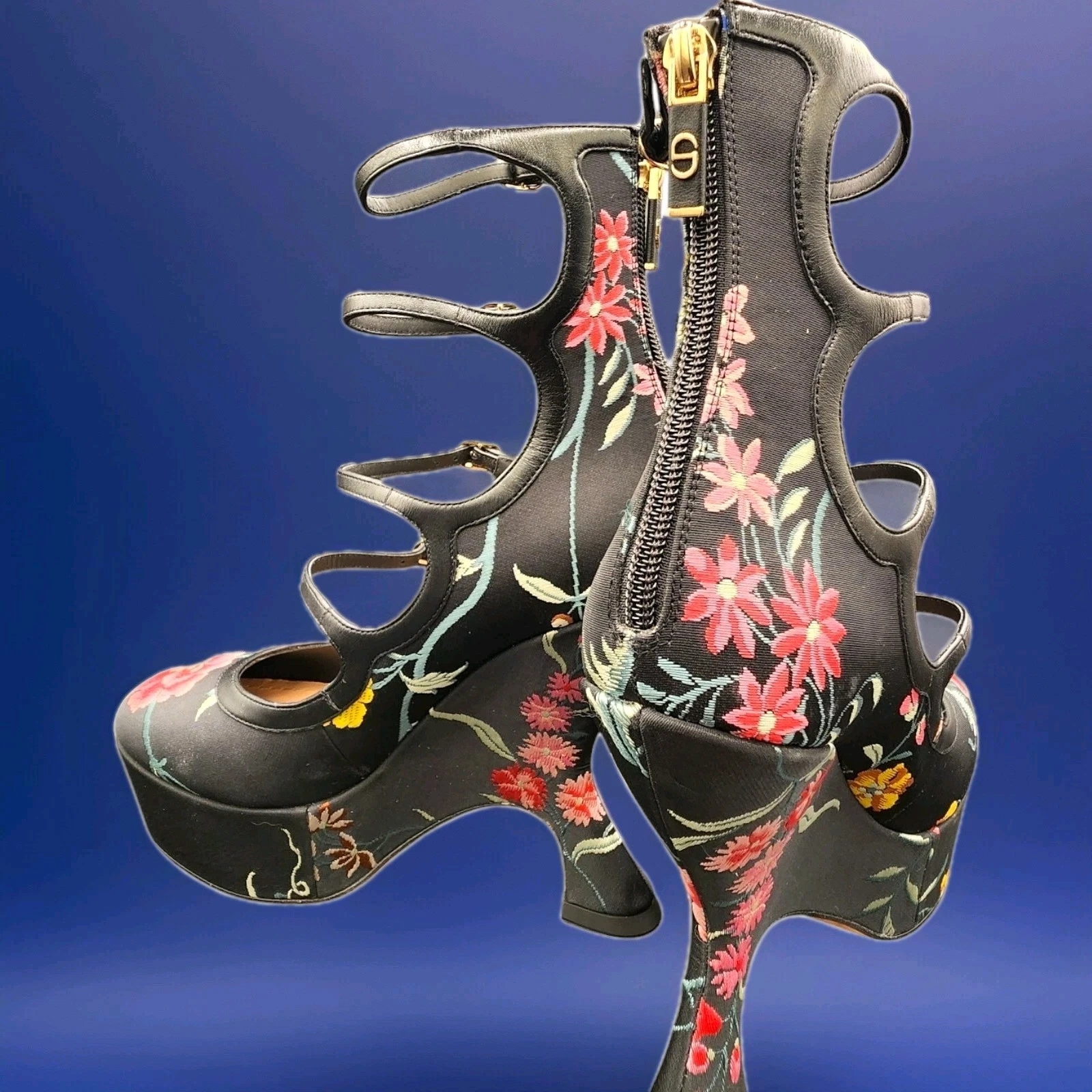 Christian Dior décolleté Les Petites Fleurs in seta ricamata con plateau nero US 9