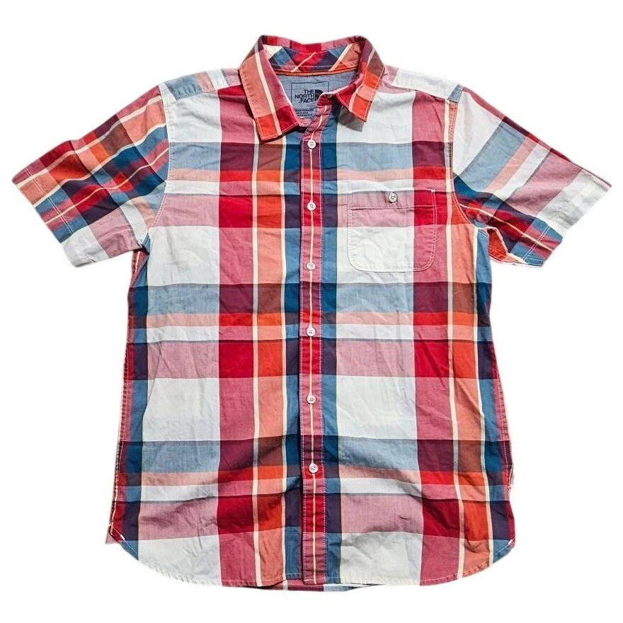 The North Face Mens Red Blue Plaid Short Sleeve Button Down Shirt Size Medium