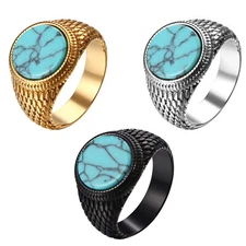 Classic Stainless Steel Turquoise Gemstone Signet Band Scales Design Ring #7 -13