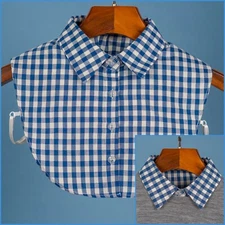 Blue Check Pointed Flat False Fake Collar Faux Cotton Blouse Chequered Shirt