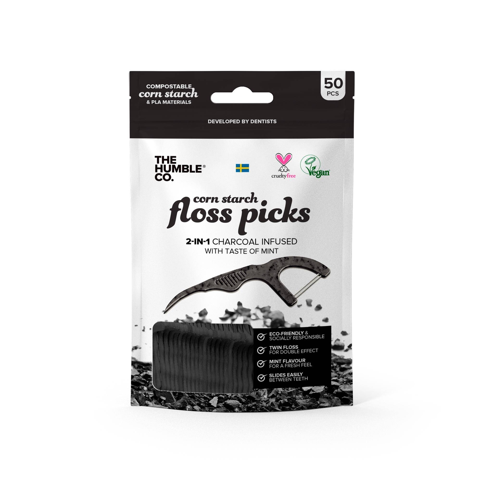 The Humble Co. Zahnsticks Flosspicks Minze mit Aktivkohle 50 St Veganfreundlich - Image 3