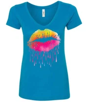 Dripping Neon Lips Women's V-Neck T-Shirt Lips Like Sugar Kiss Love Sexy Melt