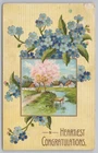 Heartiest Congratulations~Pink Tree On River Bank~Forget Me Nots~Emb~Vintage PC