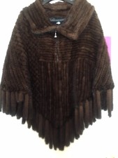 LUXURIOUS REAL MINK FUR KNIT FULLY LINED BROWN CAPE; ZIP FRONT; FRINGES COLL