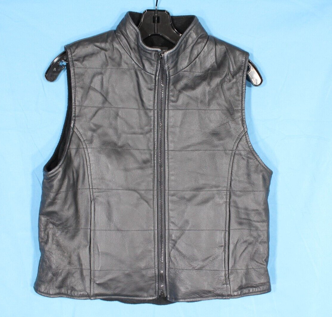 VTG HENIG FURS Black GENUINE LEATHER Fleece Lining SIDE POCKETS Zip VEST Sz S