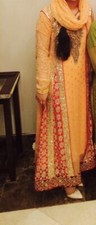 pakistani fancy maxi dress peach 3 piece full work front and back gold details