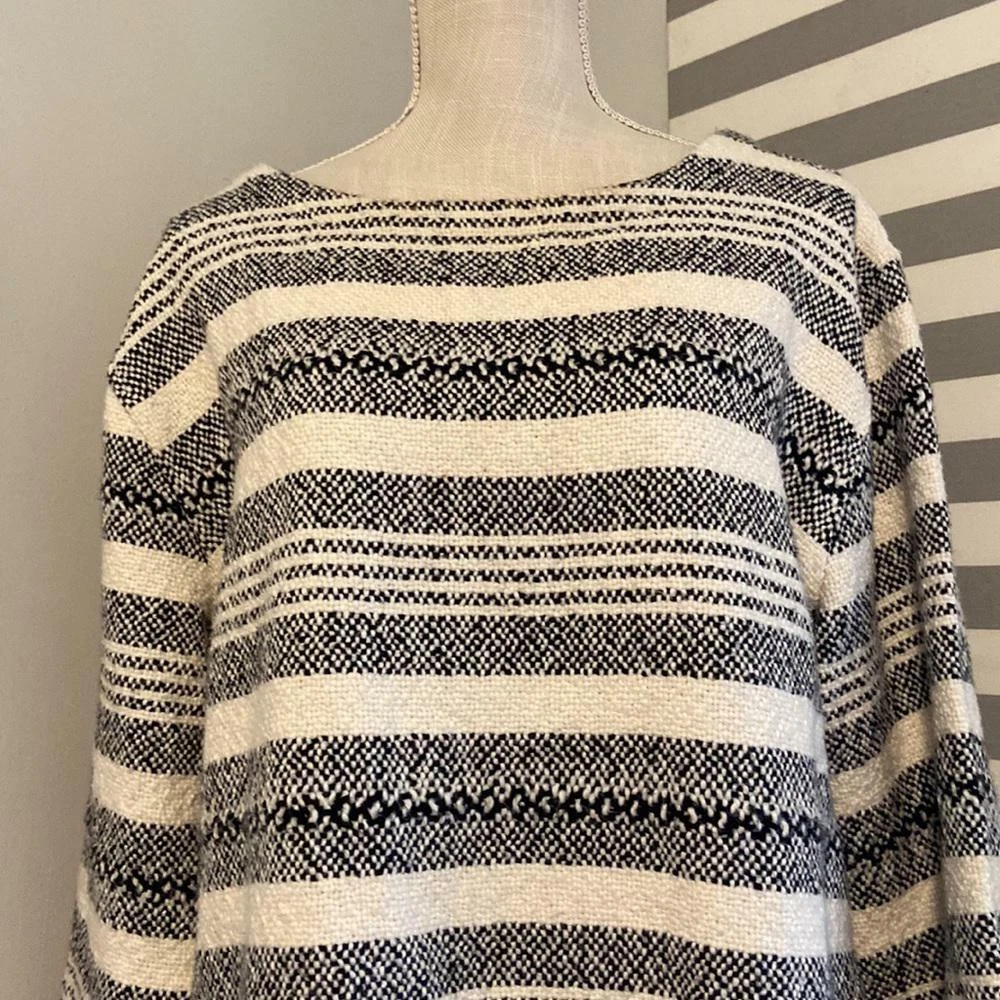 Eileen Fisher Black White Striped Woven 3 4 Sleeve Fringe Hem