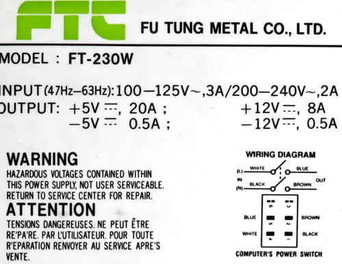 Bloc Alimentation At Ordinateur Rétro FU TUNG METAL FT-230W Fdd Molex Aux - Photo 3/3