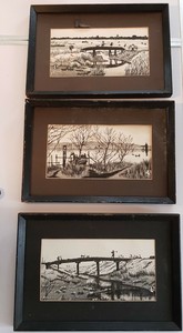 3 RARE ANTIQUE JAPANESE PEN & INK BLACK & WHITE DRAWING PICTURE LANDSCAPE