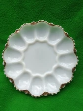 Milk Glass Deviled Egg Platter  White With Gold Trim.