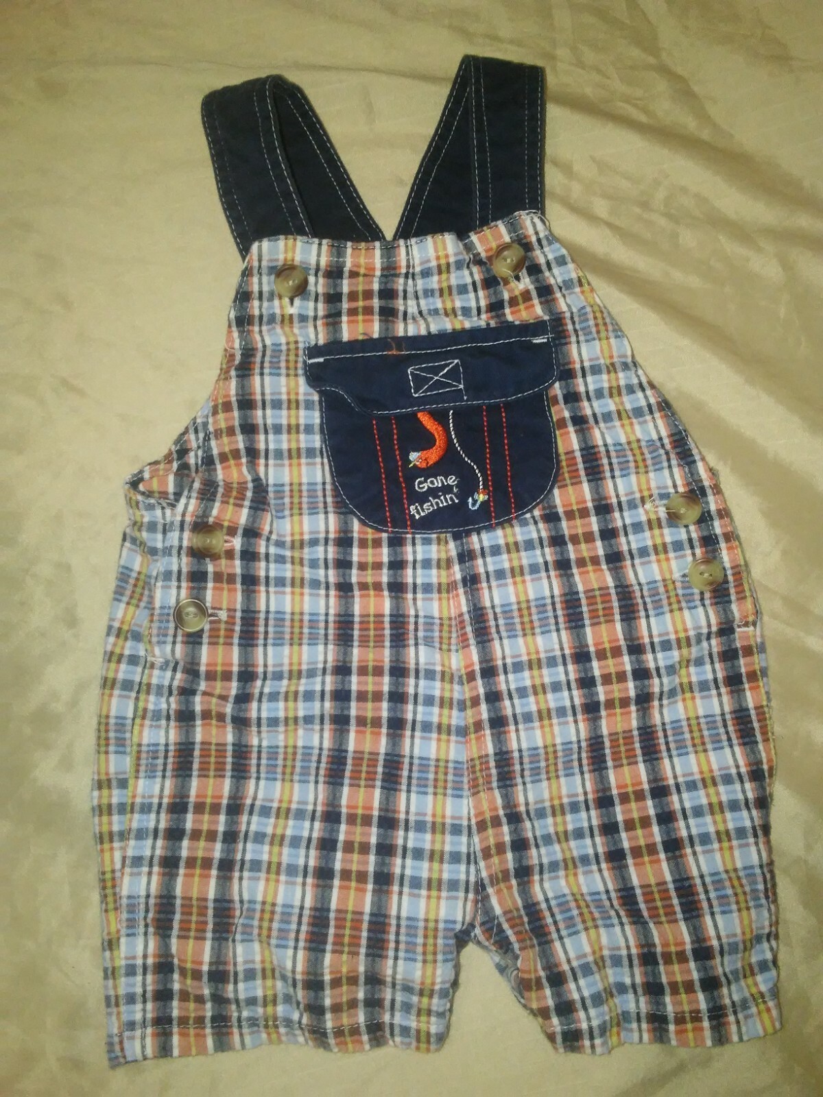 Vintage Baby Boy Plaid Overalls Bib Shorts Gone Fishi… Gem