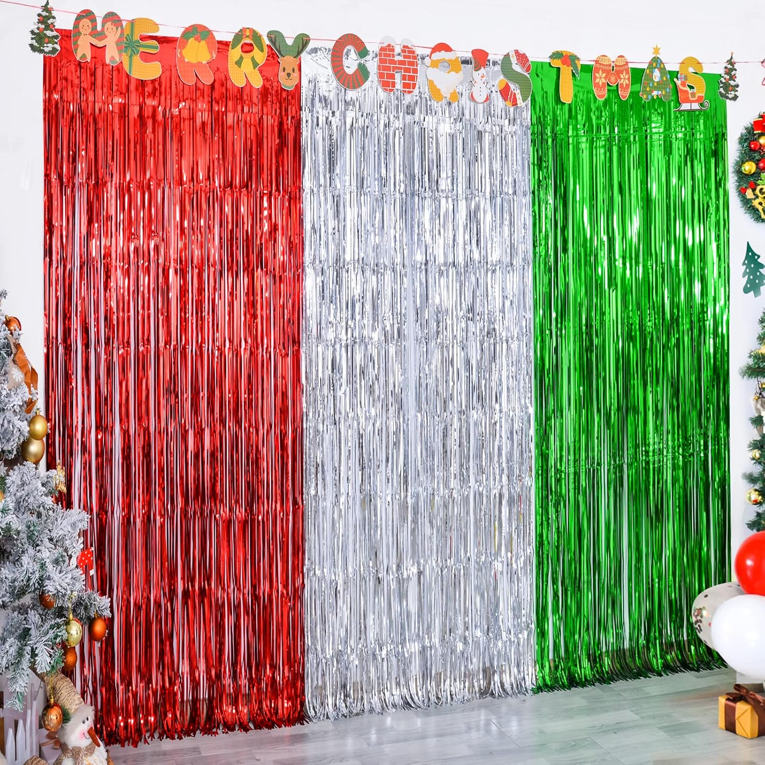 3 Pack Christmas Foil Fringe Curtains Christmas Party Decoration 3.3X6.6 Ft Each