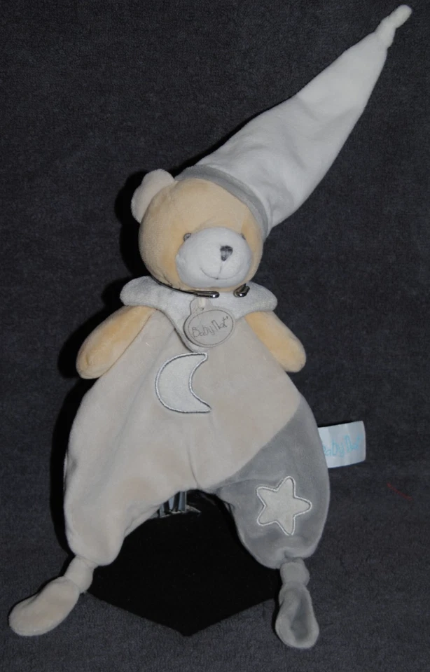 🍀Doudou Plat Ours BABYNAT BN0138 Beige Gris Lune Etoile Blanc Luminescent - Photo 2/3
