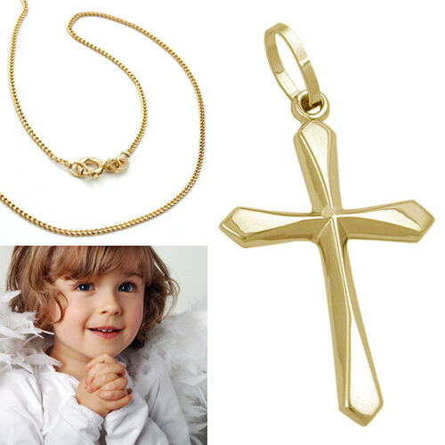 Echt Gold 750 Kinder Kommunion Baby Taufe Kreuz Anhänger mit Kette Silber 925 VG - Bild 1 von 4