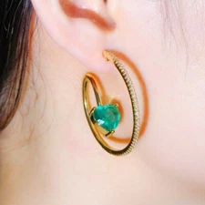Gold Plated Big G Shape Green Heart Cubic Zirconia Hoop Earrings for Women Girls