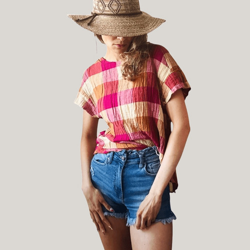 Anthropologie Isabella Sinclair Short Sleeve Plaid Blouse Size Medium