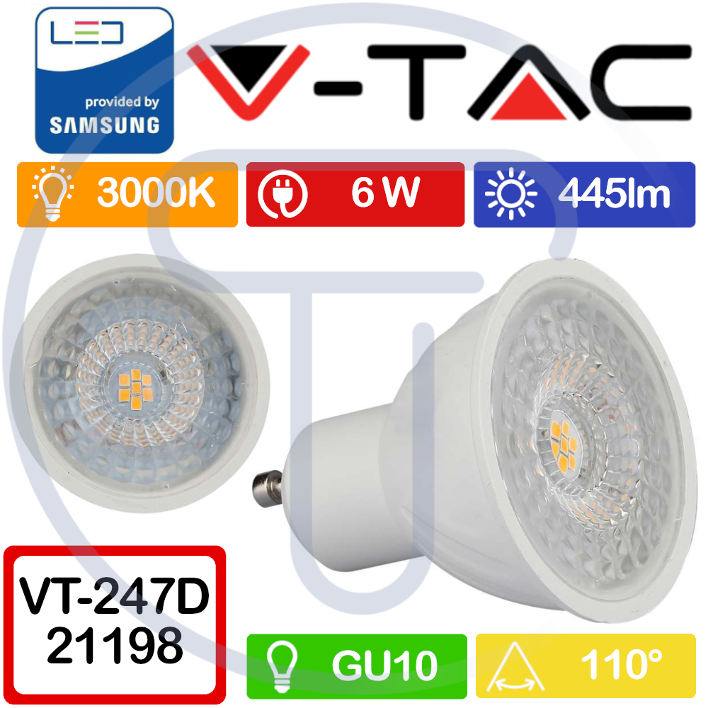 V-TAC PRO VT-247D 21198 Faretto LED Chip Samsung GU10 6W 110° calda Dimmerabile