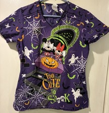 Disney Halloween TOO CUTE TO SPOOK Scrub Top Women SMALL Dark Ride Purple Mickey