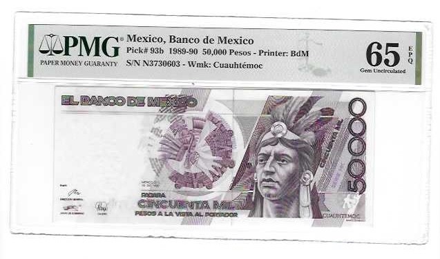 MEXICO - BANCO DE MEXICO  50000 PESO  SERIES N P-93b 1989  PMG 65EPQ