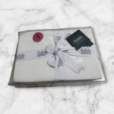 #ad PiuBelle White 4pc KING Sheet Set Scalloped Eyelet 100% Cotton Portugal NEW SHIP $80.00