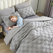 Boho Grey Queen Comforter Set - 7 Pieces, Soft Plaid Bed in a Bag