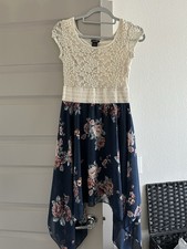 rue21 S Ivory Navy Floral Hi-Low Dress Lace Cap Sleeve Fit & Flare Layered