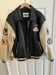 Disneyland Resort Mickey Mouse Disney Leather Jacket Black Beige w/Patches L