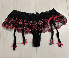 Vintage Victoria's Secret Garter Skirted Thong Sz M/L Floral Embroidered Colorfu
