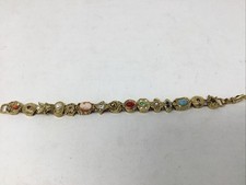 Gold Plated Vintage Cameo Slider Bracelet Multi Stones & Pearls  8"IN