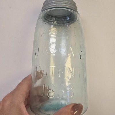 Vintage Masons Patent Nov 30th 1858 Quart Fruit Jar Aqua Glass Zinc Lid
