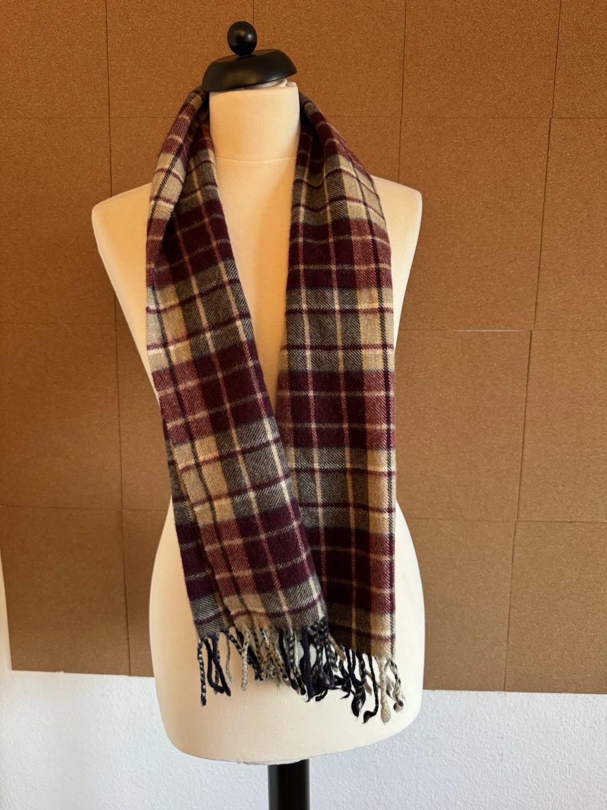 Tartan Scarf 100% Wool Glen Saxon Burgundy Beige Tassels Soft Check Made in UK