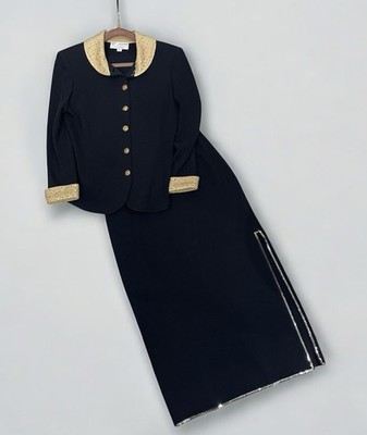 St John Evening Santana Knit Maxi Suit Black Gold 2pc Set Sz 6 Jacket Sz 4 Skirt