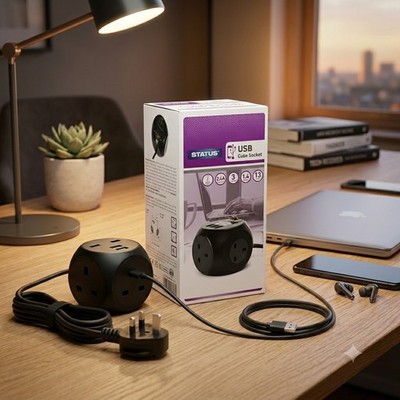 3-fach Power Cube Steckdose mit 3 USB-Anschlüssen & 1,4 m elektrischem Verlängerungskabel - Schwarz