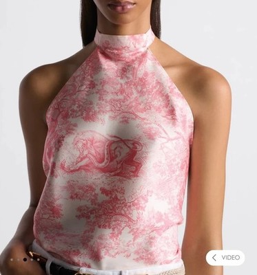 Christian Dior Haltet Top Seide Dioriviera Toile de Jouy Rosa Creme Weiß