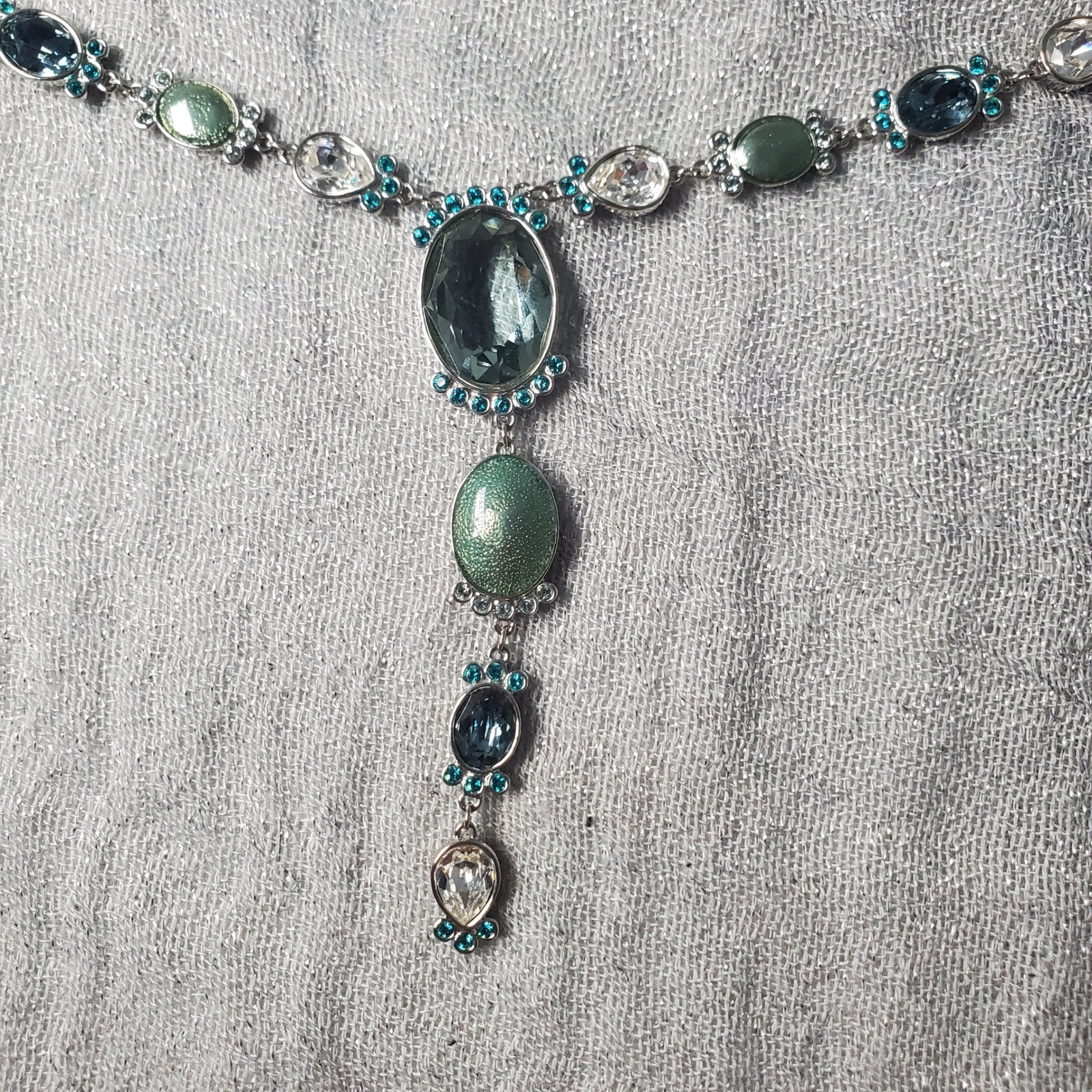 Swarovski Crystal Nocturne Long Green Blue Clear Stones Silver Tone Swan Logo