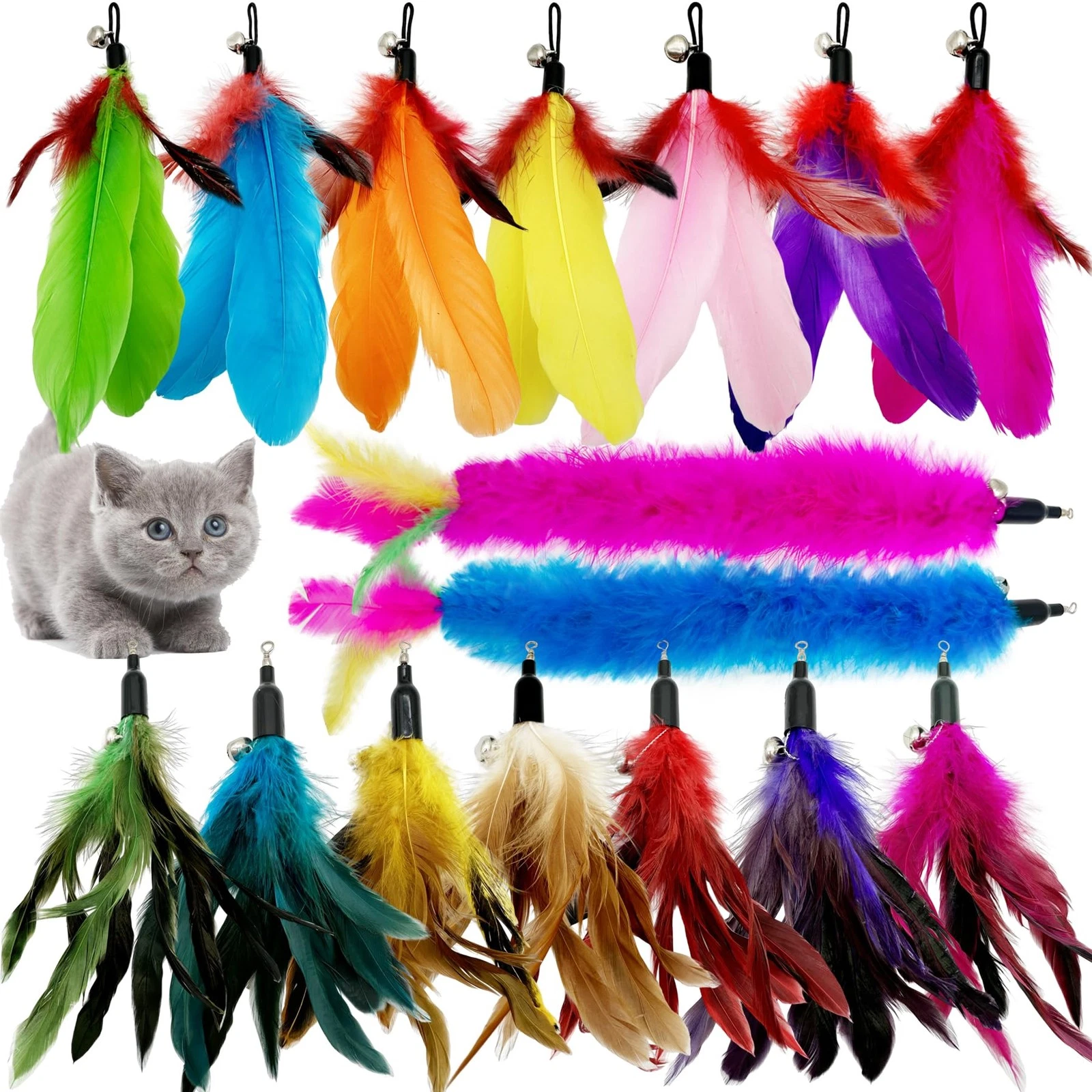 16 Pieces Cat Wand Replacement Feathers Toy Refills for Indoor Cats Kittens