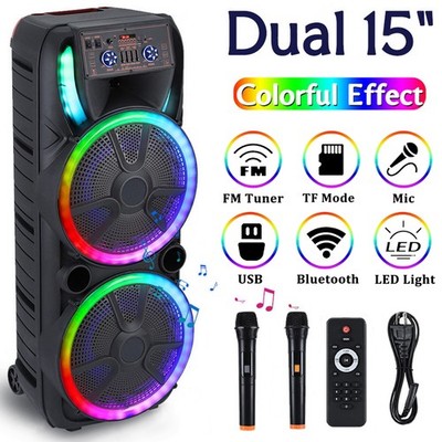 Dual 15'' Bluetooth Speaker Rechargable Woofer Heavy Bass Party FM Karaok LED TWS