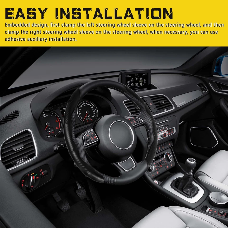 For Nissan Frontier 15'' inch Carbon Fiber Car Steering Wheel Cover Leather BK - Image 3 of 4