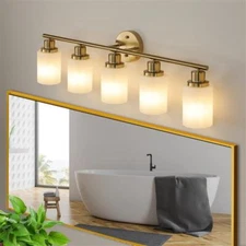 5-Light Golden Bathroom Vanity Light Fixture,Frosted Glass Shades,Modern Wall Mo