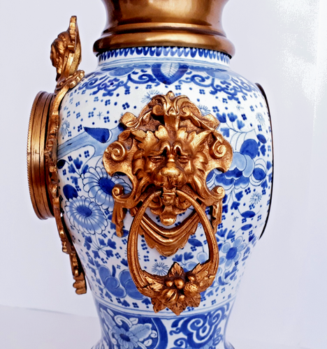 Antique DELFT BLUE & WHITE MANTEL CLOCK FAIENCE BRASS ELEMENTS BY BOCH KERAMIS - Picture 8 of 11
